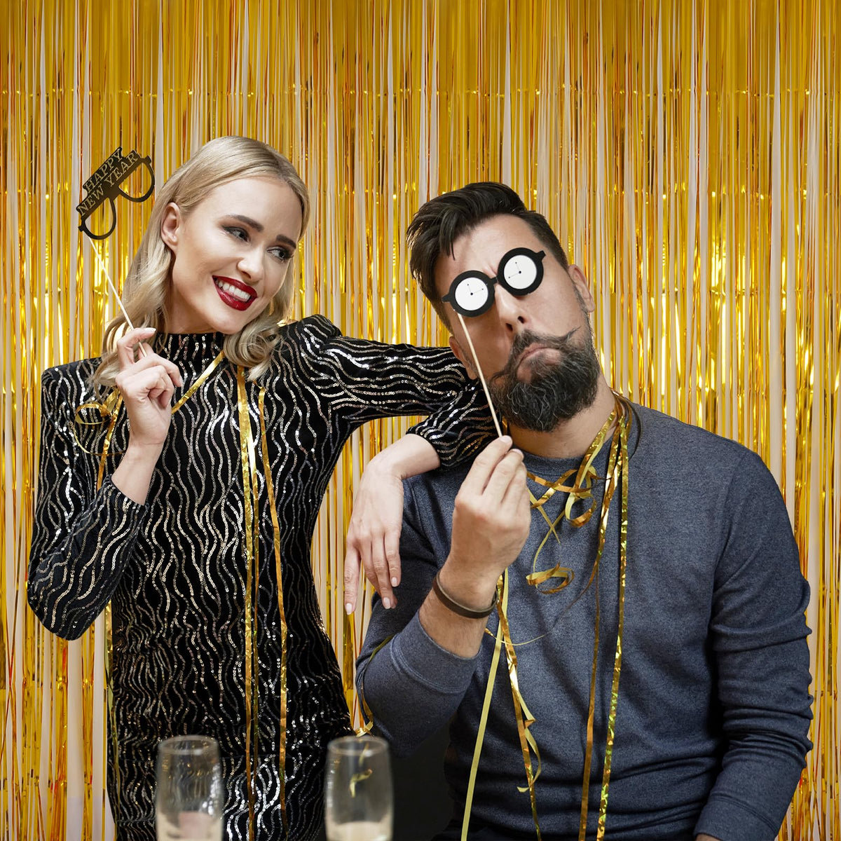 Melsan 3.2 x 8.2 ft gold fringe backdrop ideal for photos.