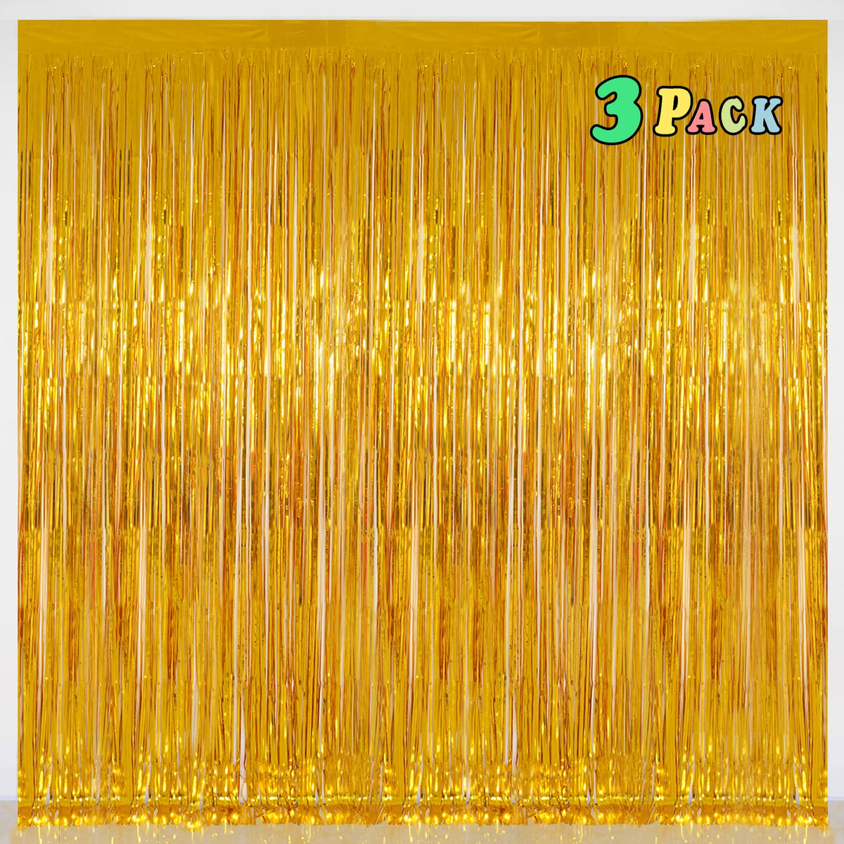 Melsan foil fringe curtains gold backdrop highlighting party photo opportunities.