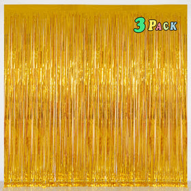 Melsan foil fringe curtains gold backdrop highlighting party photo opportunities.