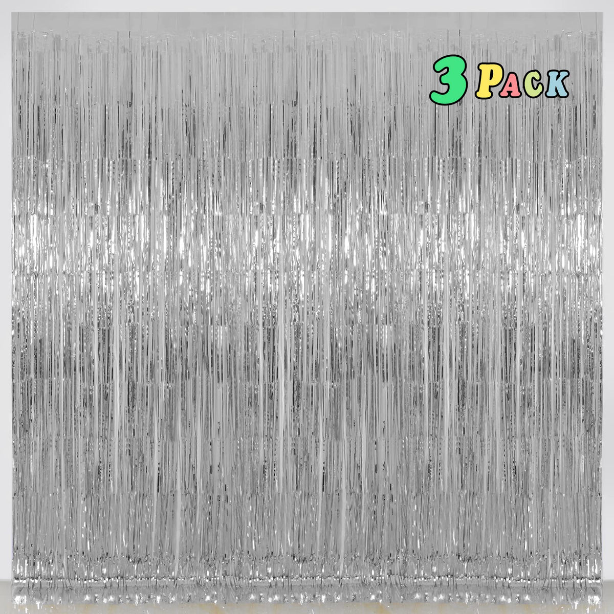 Melsan foil fringe front packaging showing three silver panels and tape for quick setup