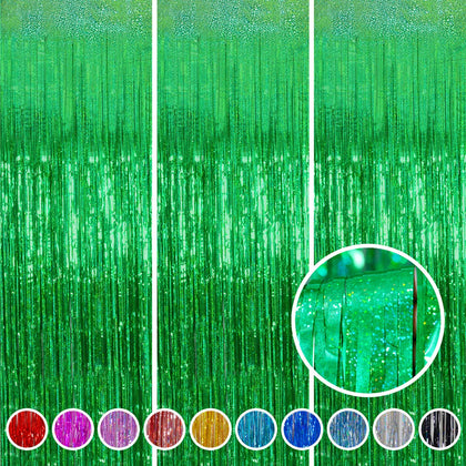 Melsan front packaging showing three green fringe curtains ready to hang for quick setup