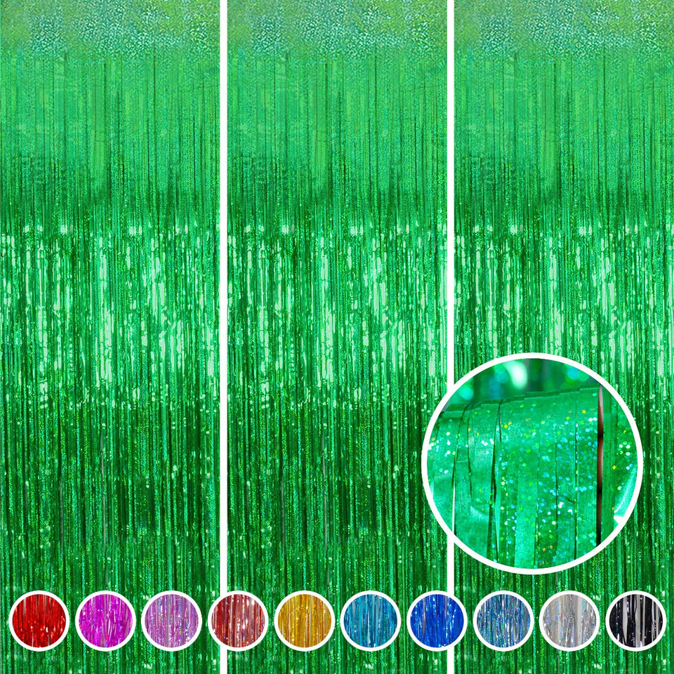 Melsan front packaging showing three green fringe curtains ready to hang for quick setup