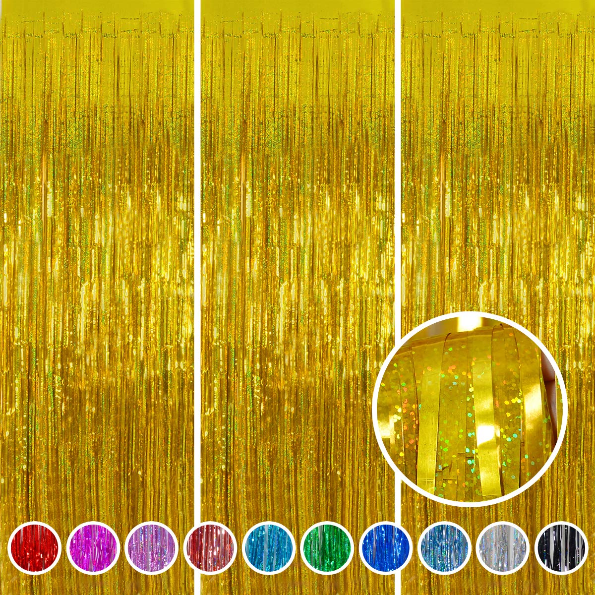 Melsan gold foil fringe front packaging showing three folded curtains, fast setup benefit