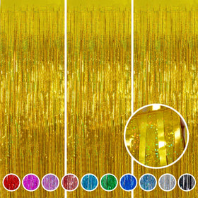 Melsan gold foil fringe front packaging showing three folded curtains, fast setup benefit