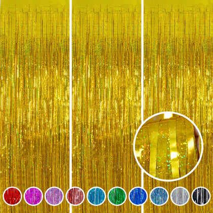 Melsan gold foil fringe front packaging showing three folded curtains, fast setup benefit