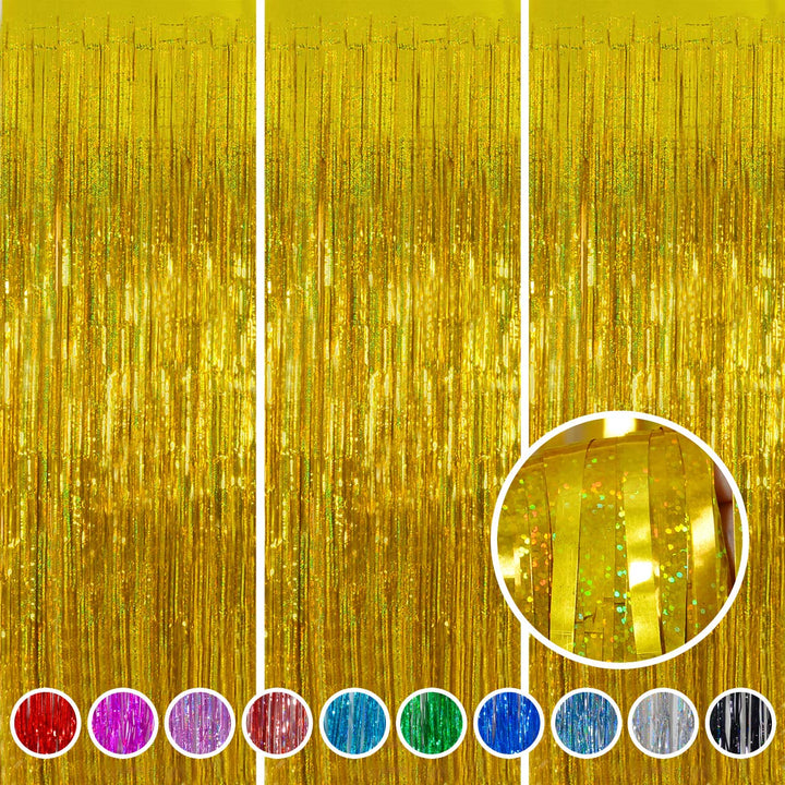 Melsan gold foil fringe front packaging showing three folded curtains, fast setup benefit