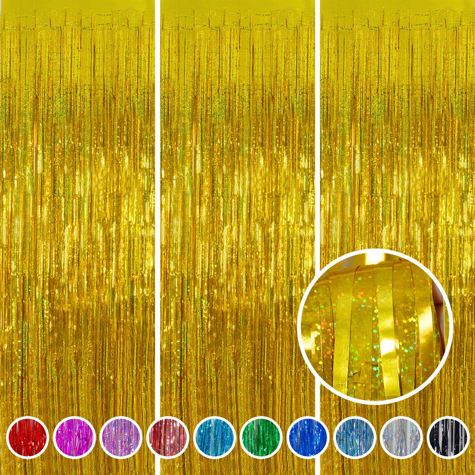 Melsan gold foil fringe front packaging showing three folded curtains, fast setup benefit