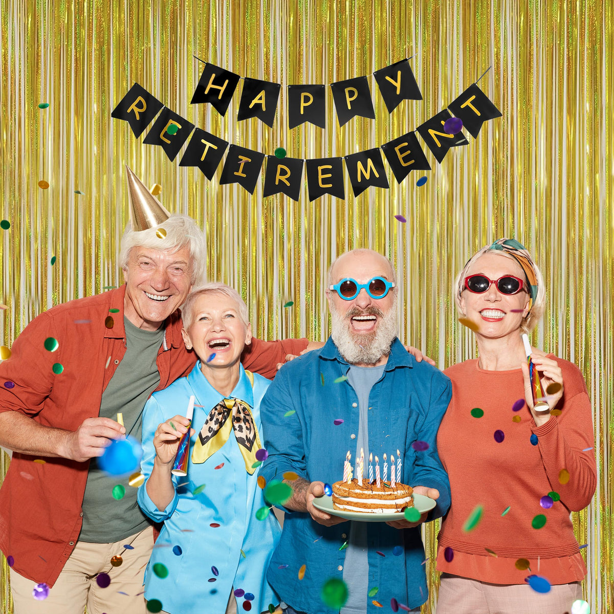 Melsan gold foil fringe in a party scene with balloons, elevates event atmosphere benefit