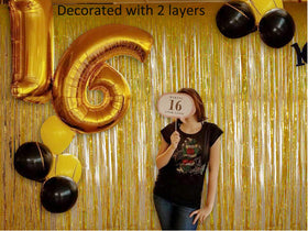 Melsan gold curtain used as a photo backdrop behind dessert table, enhances photos benefit