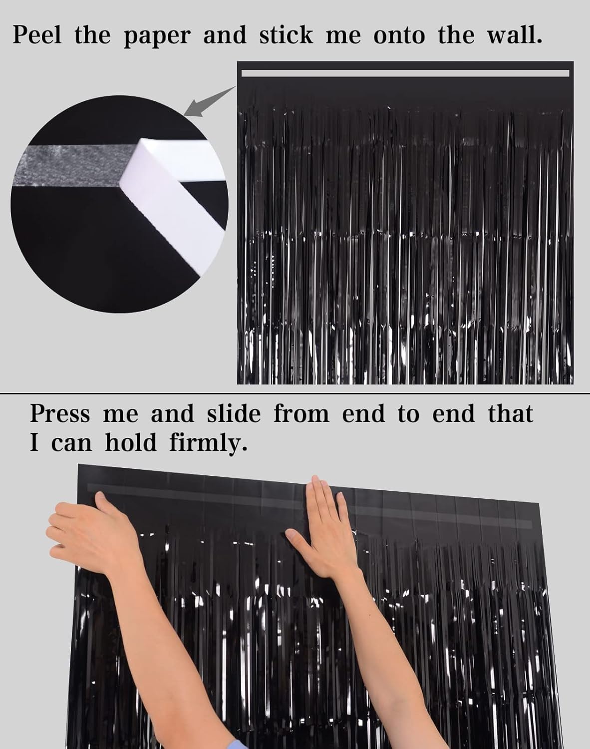 Melsan black foil fringe curtain fits walls and photo booths easily.