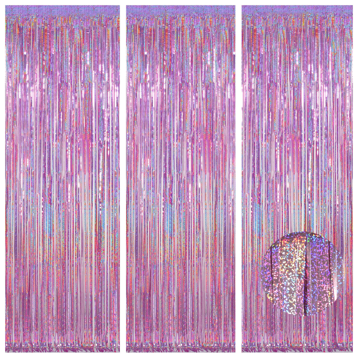 Melsan 3-pack pinkish purple tinsel curtain backdrop for festive entryways.