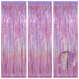 Melsan 3-pack pinkish purple tinsel curtain backdrop for festive entryways.