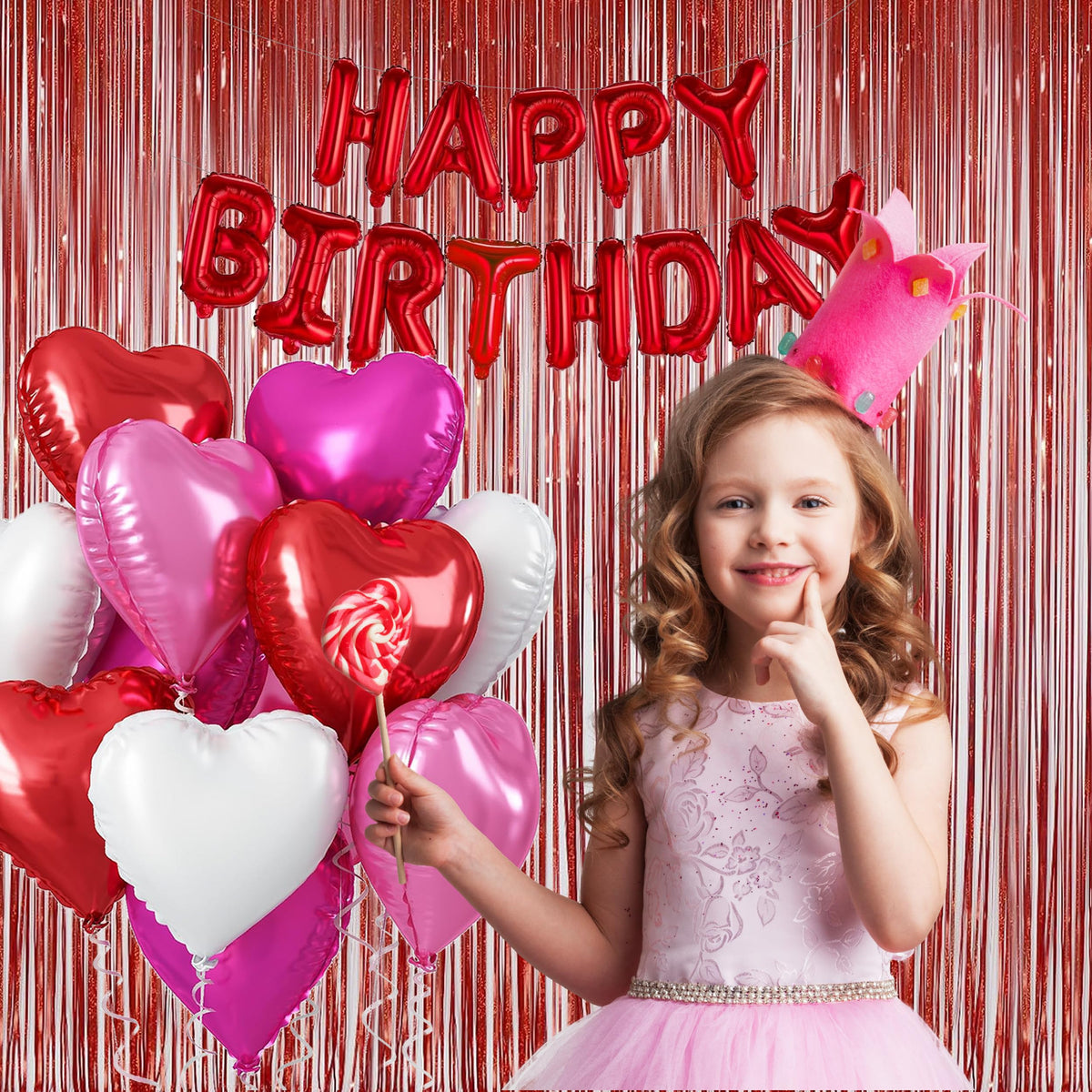 Melsan red foil fringe curtain setup for Valentine’s Day backdrops.