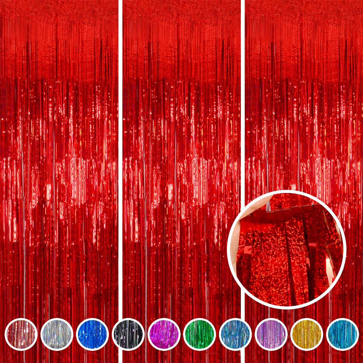 Melsan red foil fringe curtain on wall creates bold party backdrop for memorable photos.