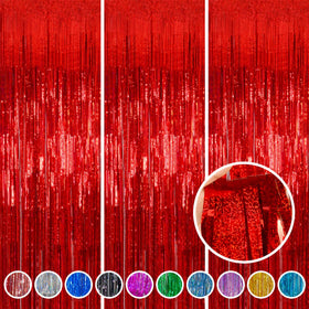 Melsan red foil fringe curtain on wall creates bold party backdrop for memorable photos.