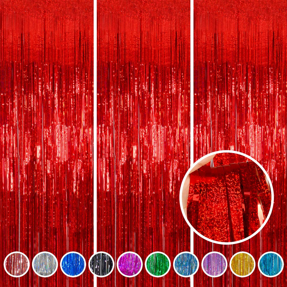 Melsan red foil fringe curtain on wall creates bold party backdrop for memorable photos.