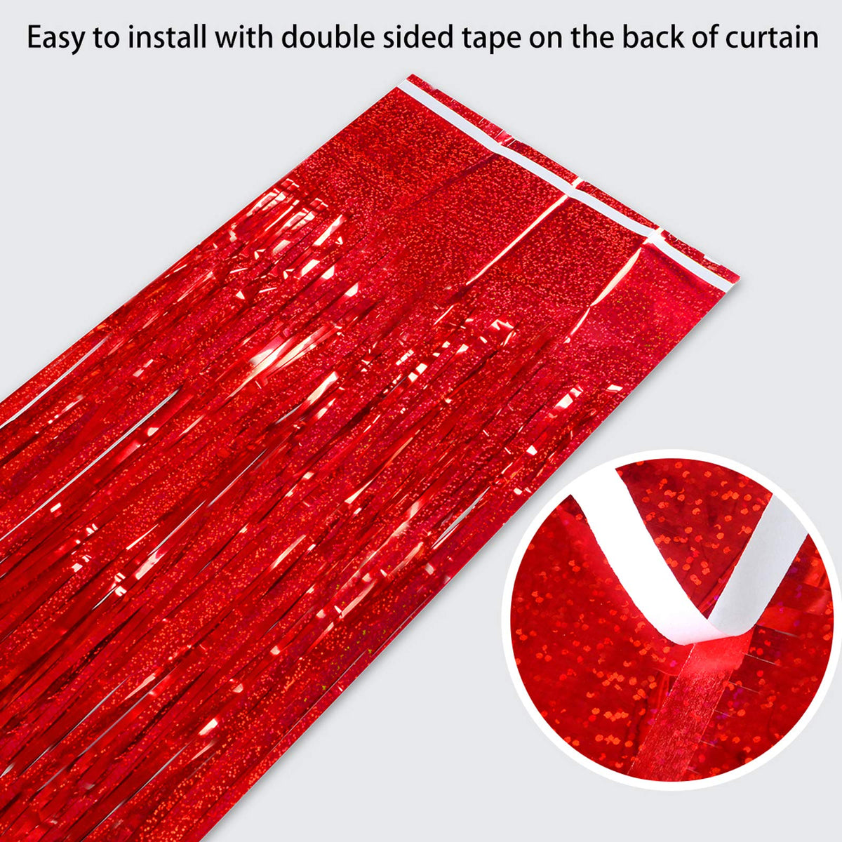 Melsan red fringe curtain partially layered to enhance depth and shine.