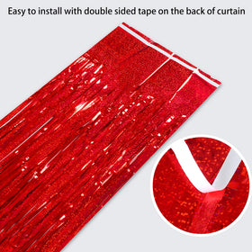Melsan red fringe curtain partially layered to enhance depth and shine.