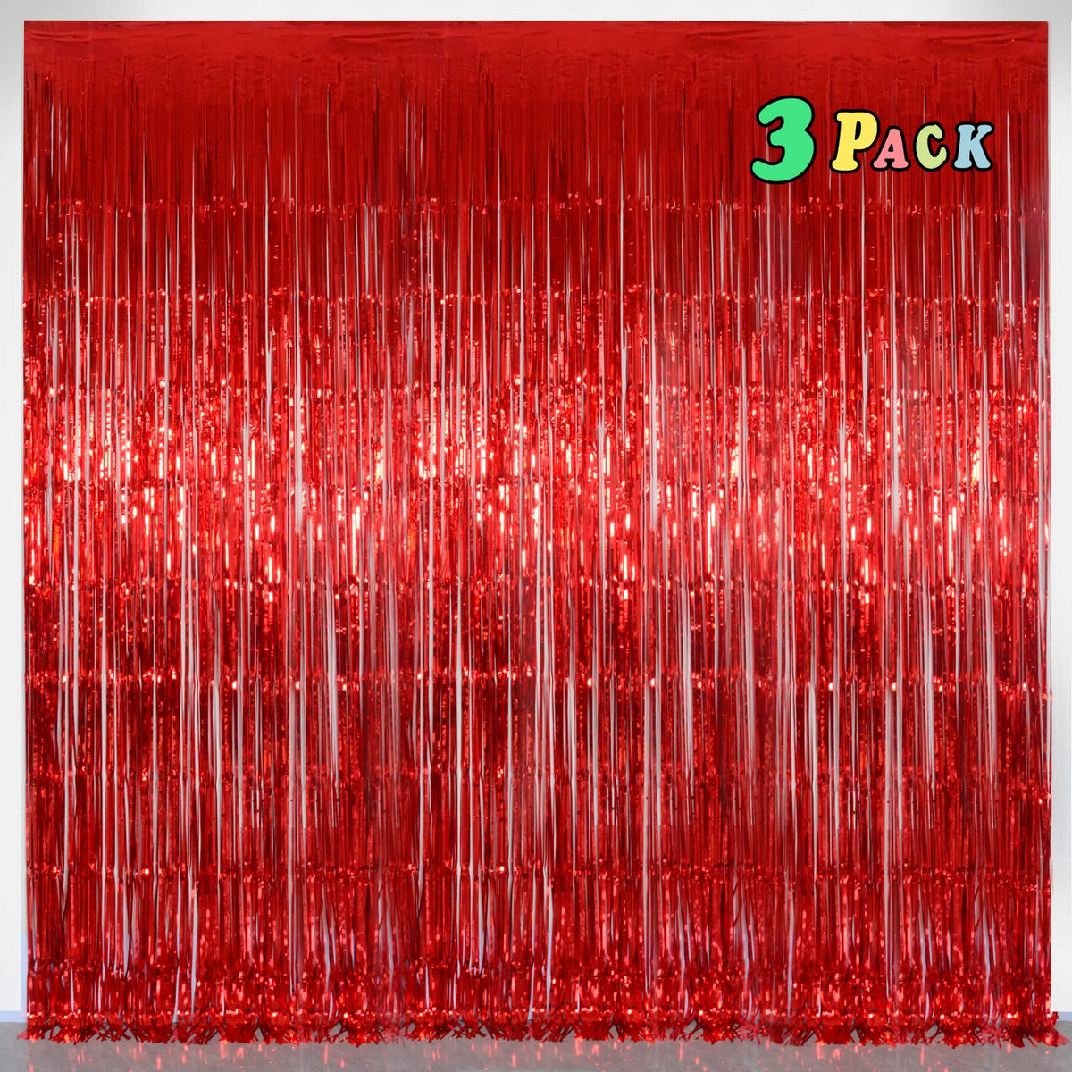 Melsan red fringe curtain 3-pack creates a radiant party backdrop