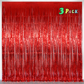 Melsan red fringe curtain 3-pack creates a radiant party backdrop