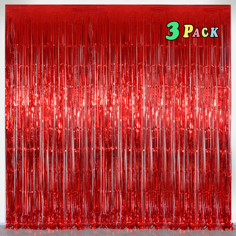 Melsan red fringe curtain 3-pack creates a radiant party backdrop