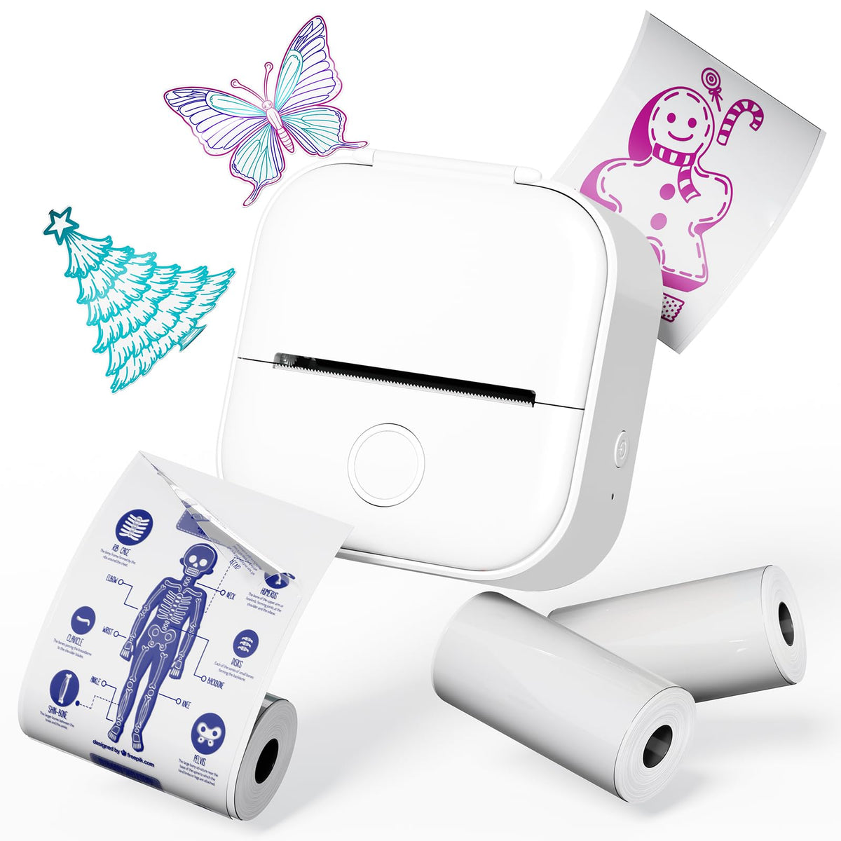 Memoqueen Phomemo T02 front view showing compact white design and controls