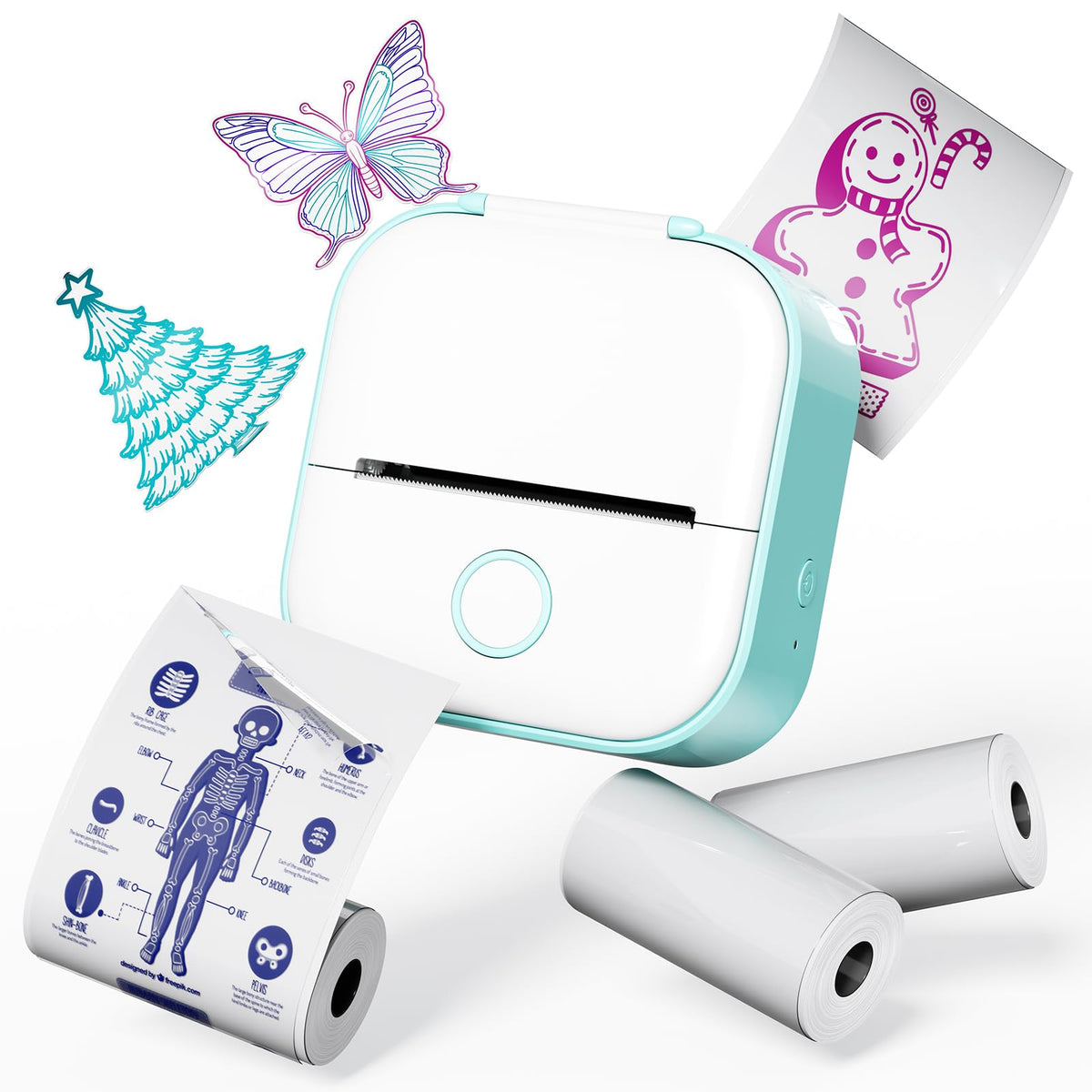 Memoqueen Phomemo T02 front view showing compact design and power button benefit portability