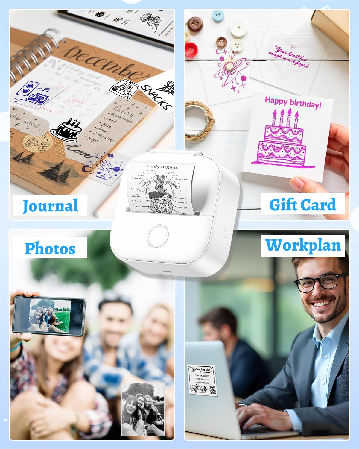 Memoqueen Phomemo T02 applying label to journal showing neat customization