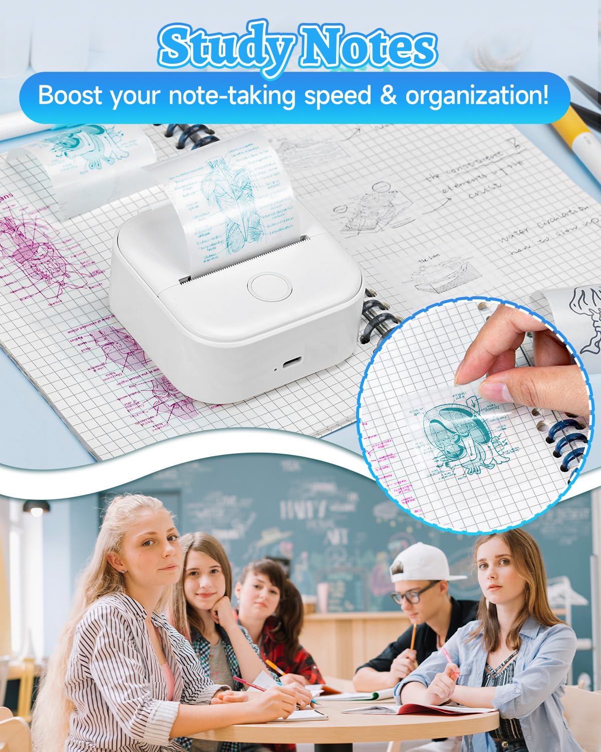 Memoqueen Phomemo T02 on desk with planner showing productivity and organization