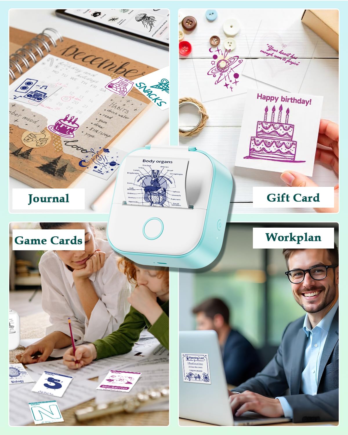 Memoqueen Phomemo T02 on a desk with planner showing practical use for journaling benefit