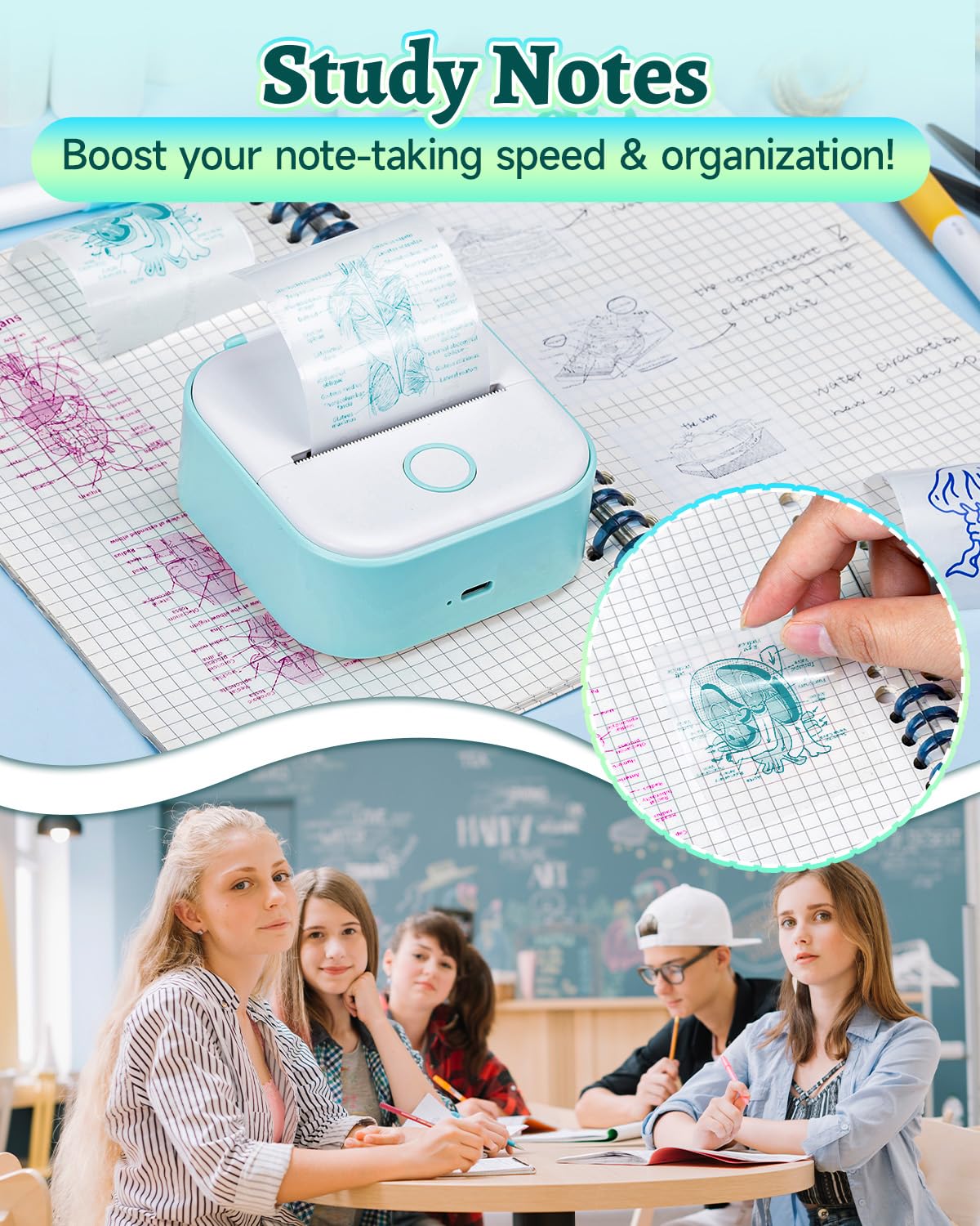 Memoqueen Phomemo T02 next to smartphone showing pocket size for easy travel benefit
