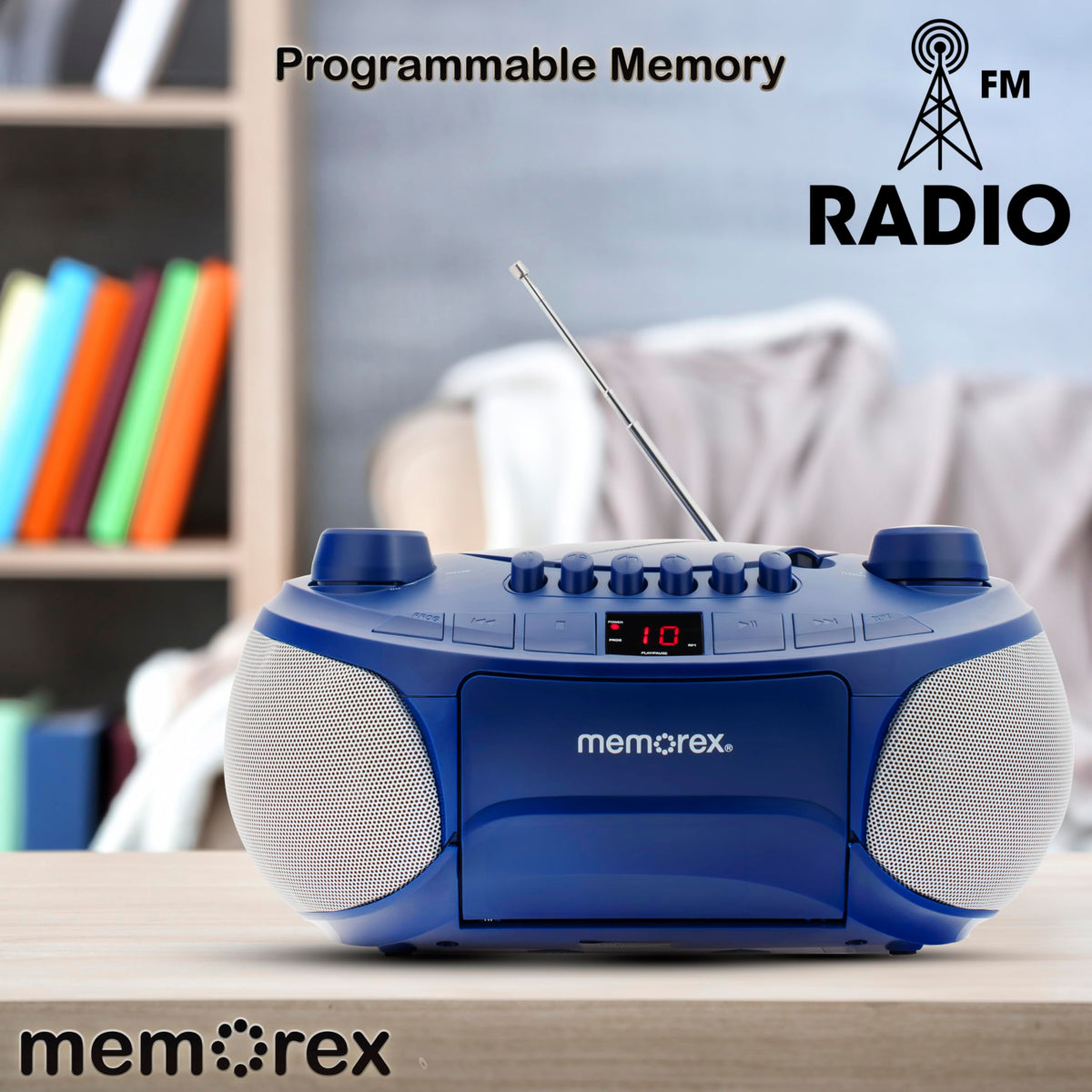 Memorex auxiliary input jack connects smartphones or tablets for extra listening