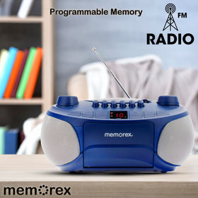 Memorex auxiliary input jack connects smartphones or tablets for extra listening