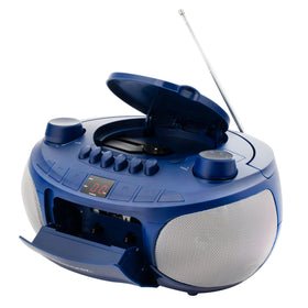 Memorex portable stereo with folding handle ready for outdoor listening