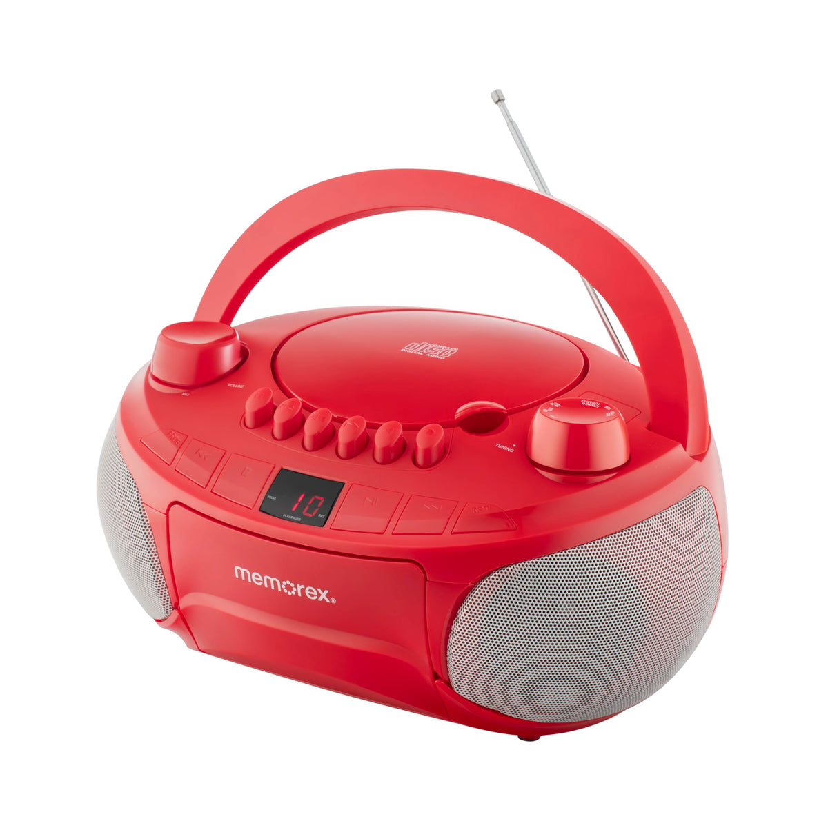 Memorex front view red showing stereo and speaker layout for clear sound