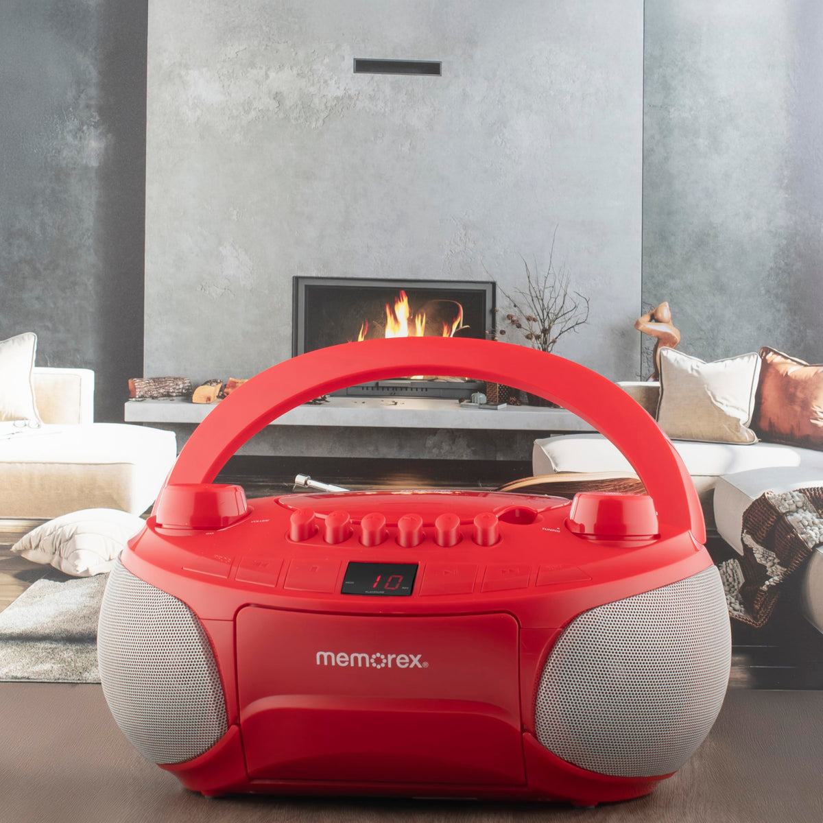 Memorex next to C batteries showing power options for on-the-go use