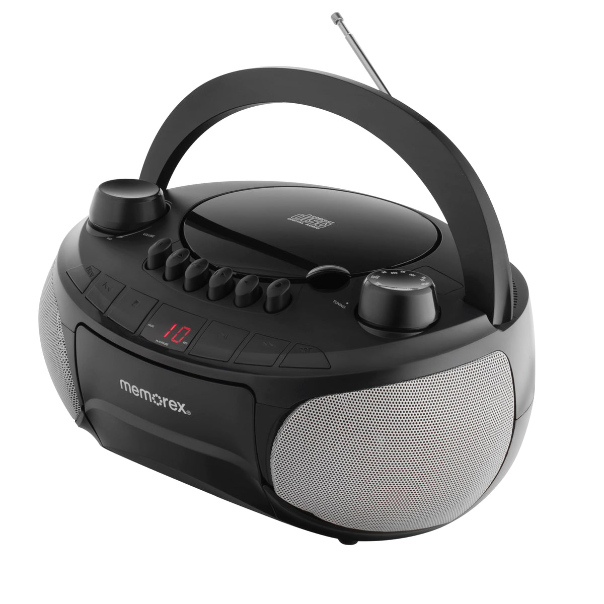 Memorex top-loading CD open displaying disc tray for quick swaps