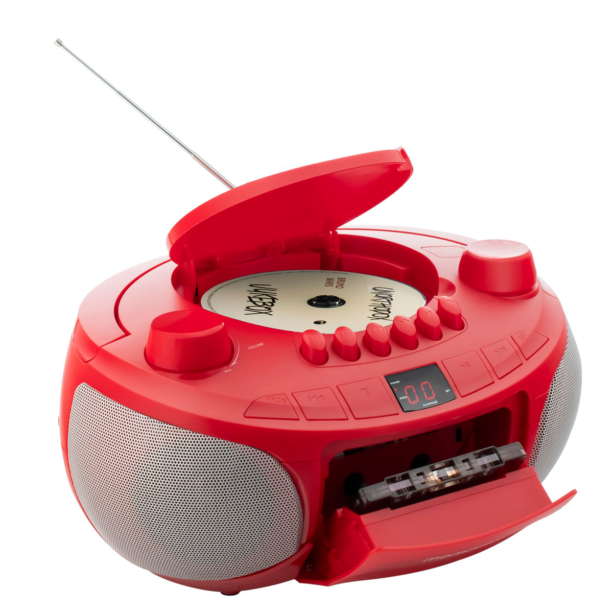 Memorex top-loading CD open displaying disc tray and easy loading benefit