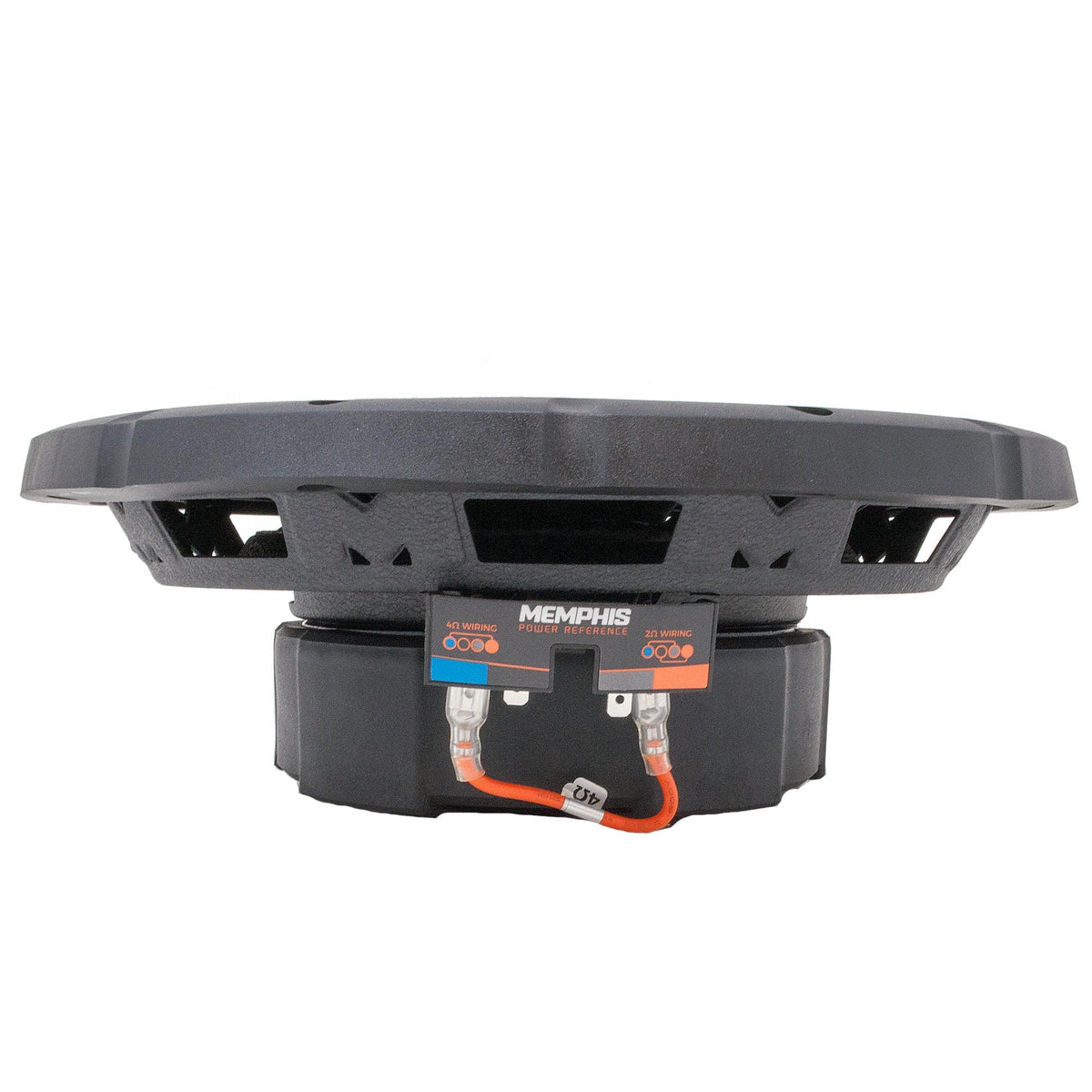 Memphis Audio PRXS1024 10-inch subwoofer side view showing sturdy cabinet fit.
