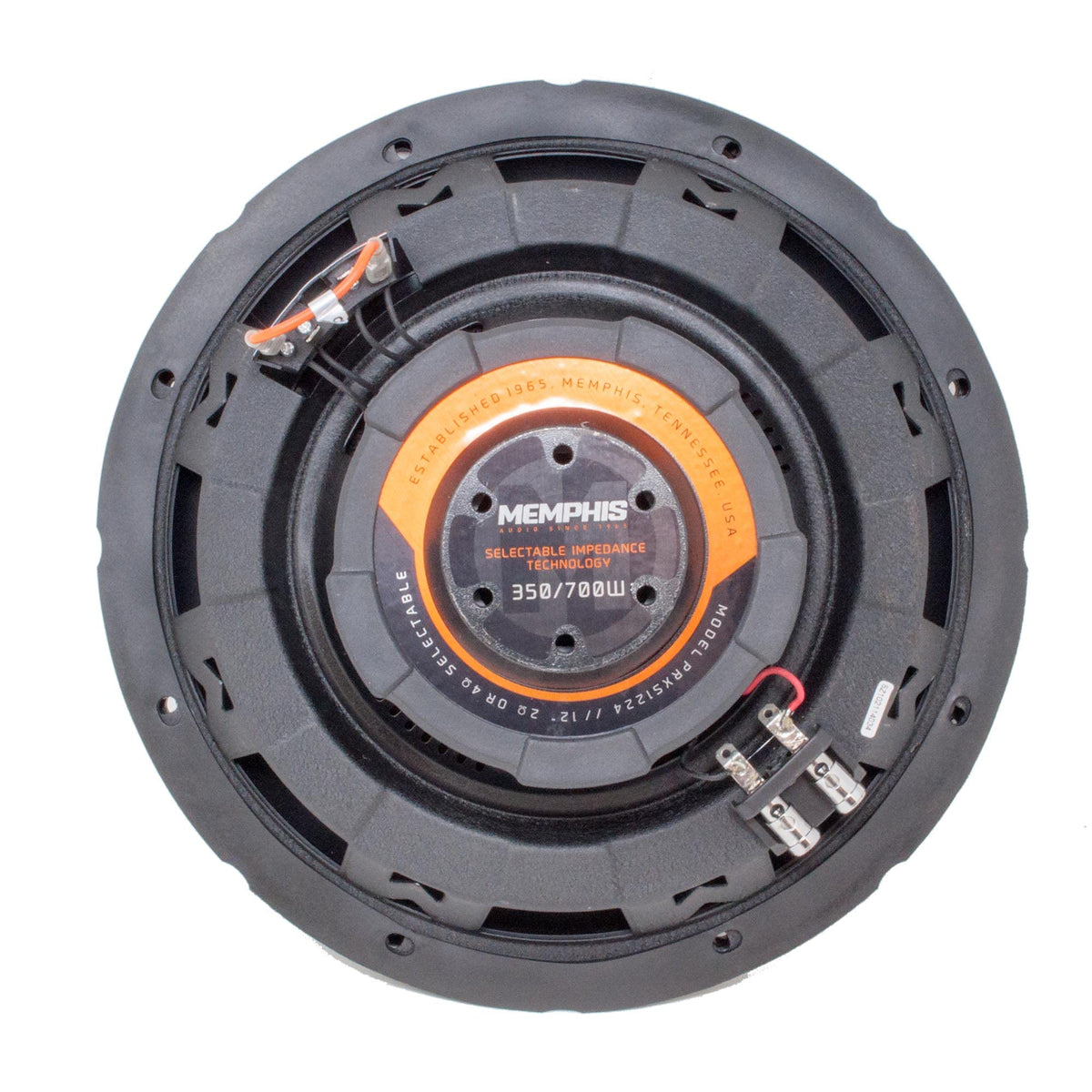 Memphis Audio PRXS1224 installed in vehicle demonstrates space-saving slim subwoofer option.