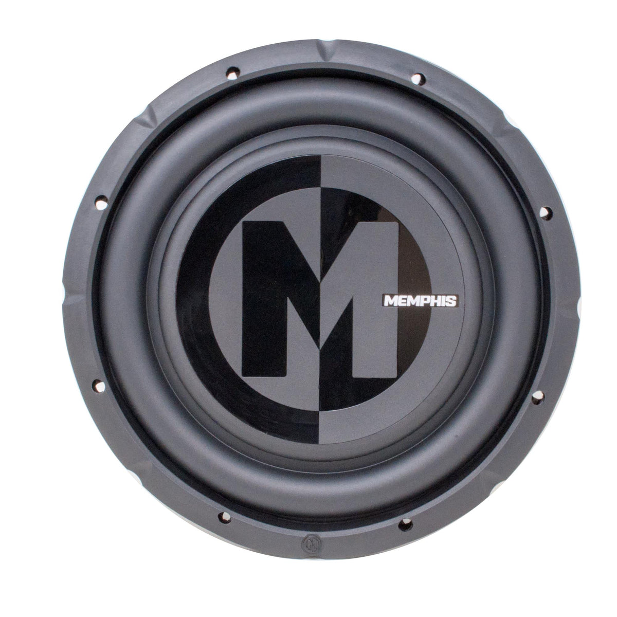 Memphis Audio PRXS1224 subwoofer front view highlighting slim profile for tight car installs.