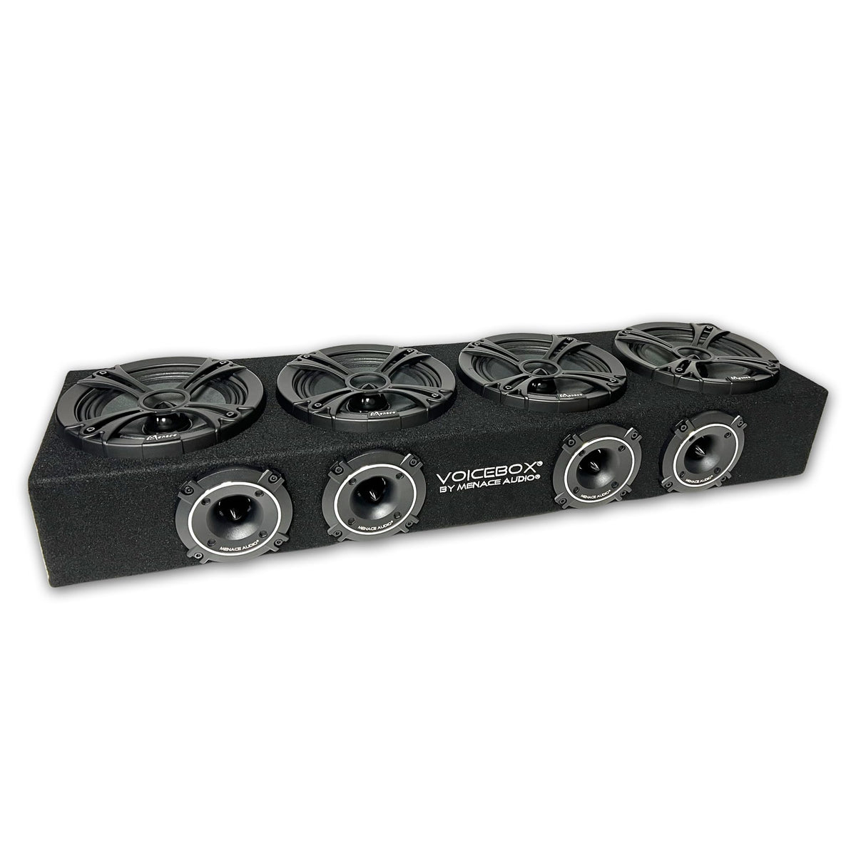 MENACE AUDIO VoiceBOX side view highlighting push-in terminals and sturdy MDF