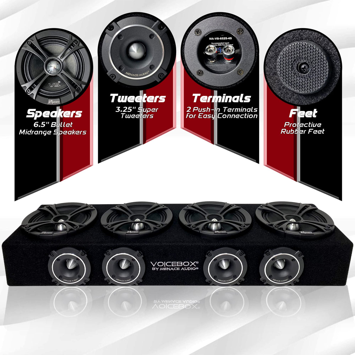 MENACE AUDIO VOICEBOX midrange speakers close-up showing four 6.5-inch units for powerful sound