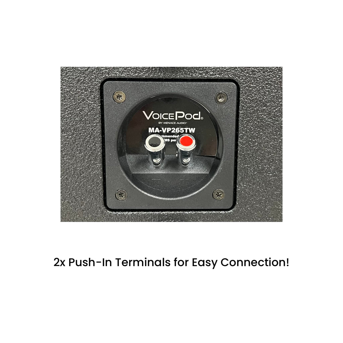 MENACE AUDIO VOICEBOX VOICEPOD dimensions label shows 16.5 W x 4.5 H x 8 D and 3-inch depth