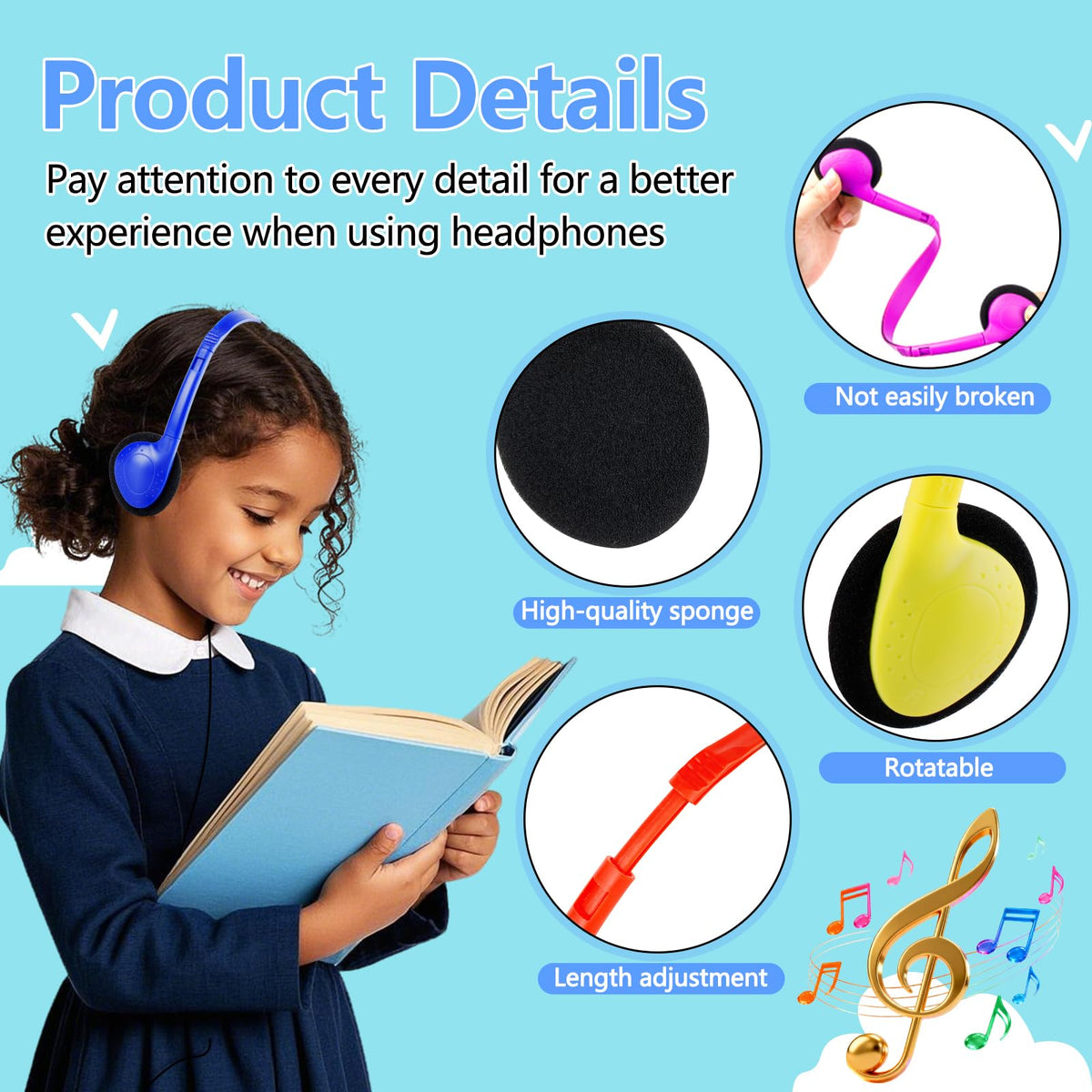 MENGLALA USB-C headphones kids wearing on ear for comfortable learning.