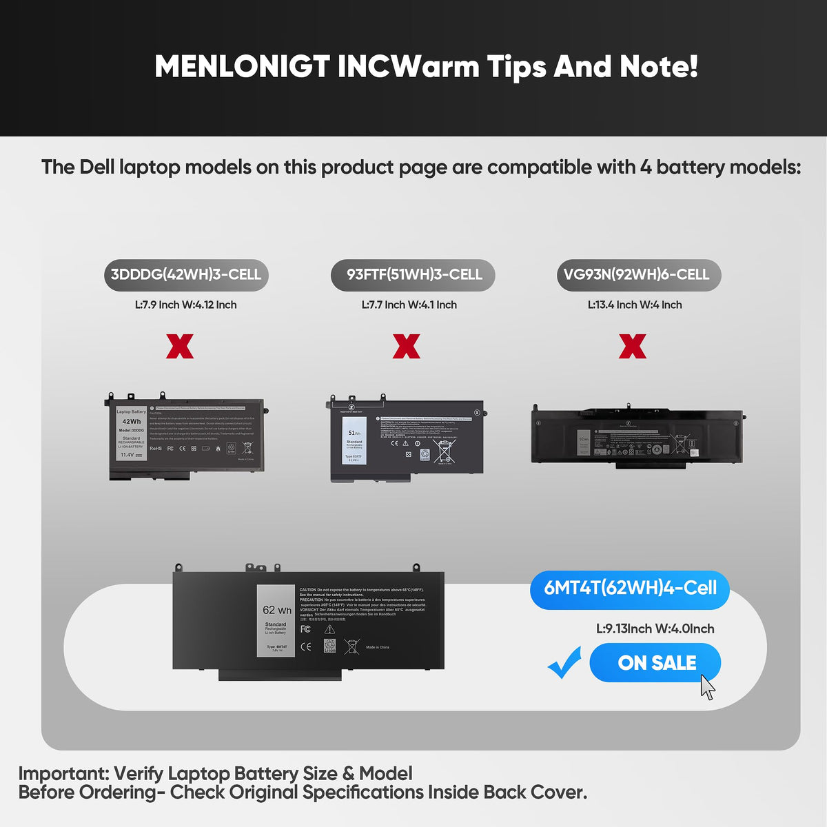 Menlonigt battery top label showing 7.6V 62Wh specs, verifies proper fit and safety