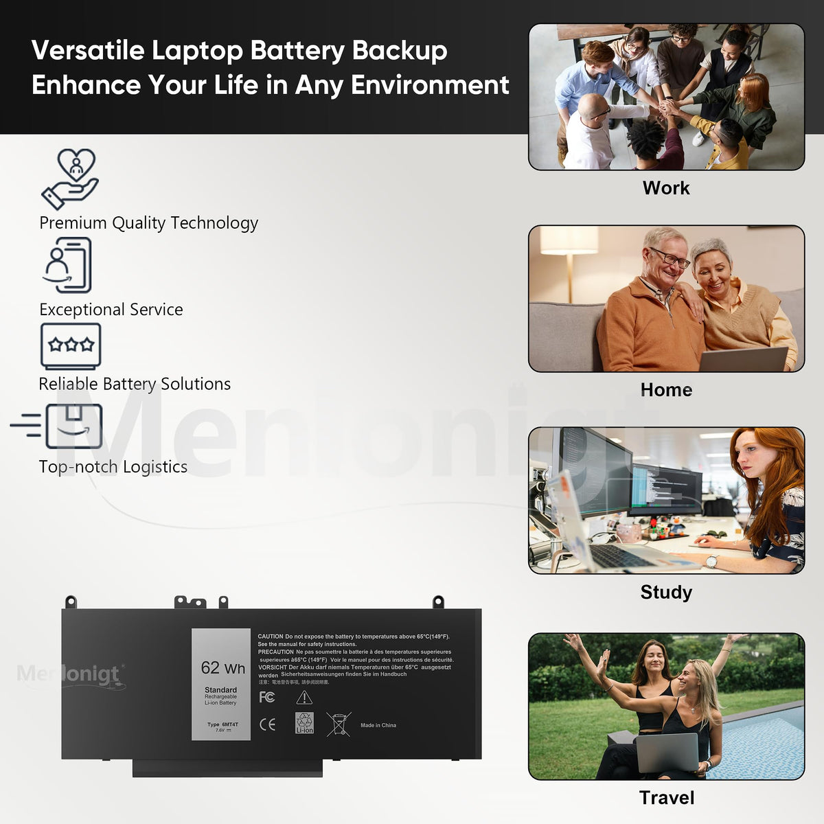 Menlonigt battery on a laptop desk setup, supports longer mobile productivity