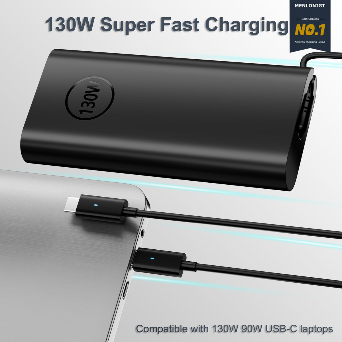 Menlonigt Dell 130W USB-C charger viewed from front for compact design and portability.