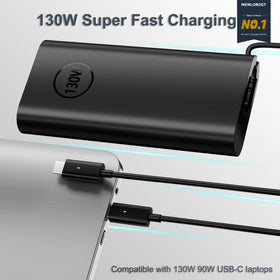 Menlonigt Dell 130W USB-C charger viewed from front for compact design and portability.