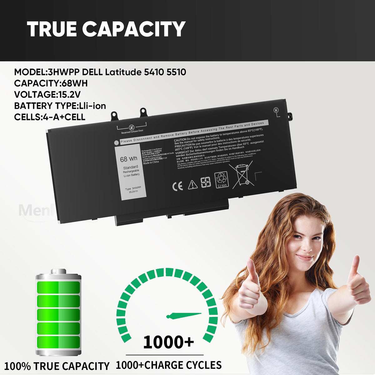 Menlonigt battery installed in a Dell laptop demonstrating restored runtime